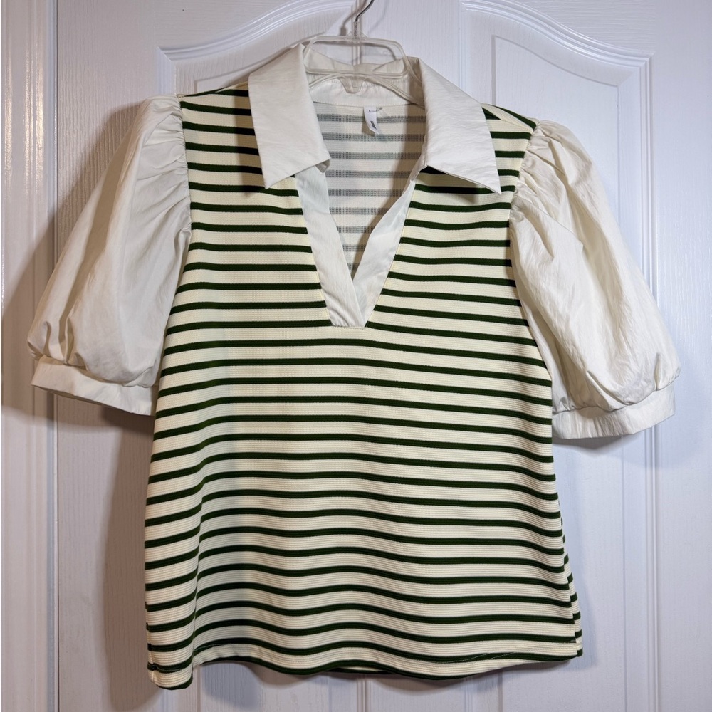 Glam Green Striped Blouse with Puff Sleeves Large